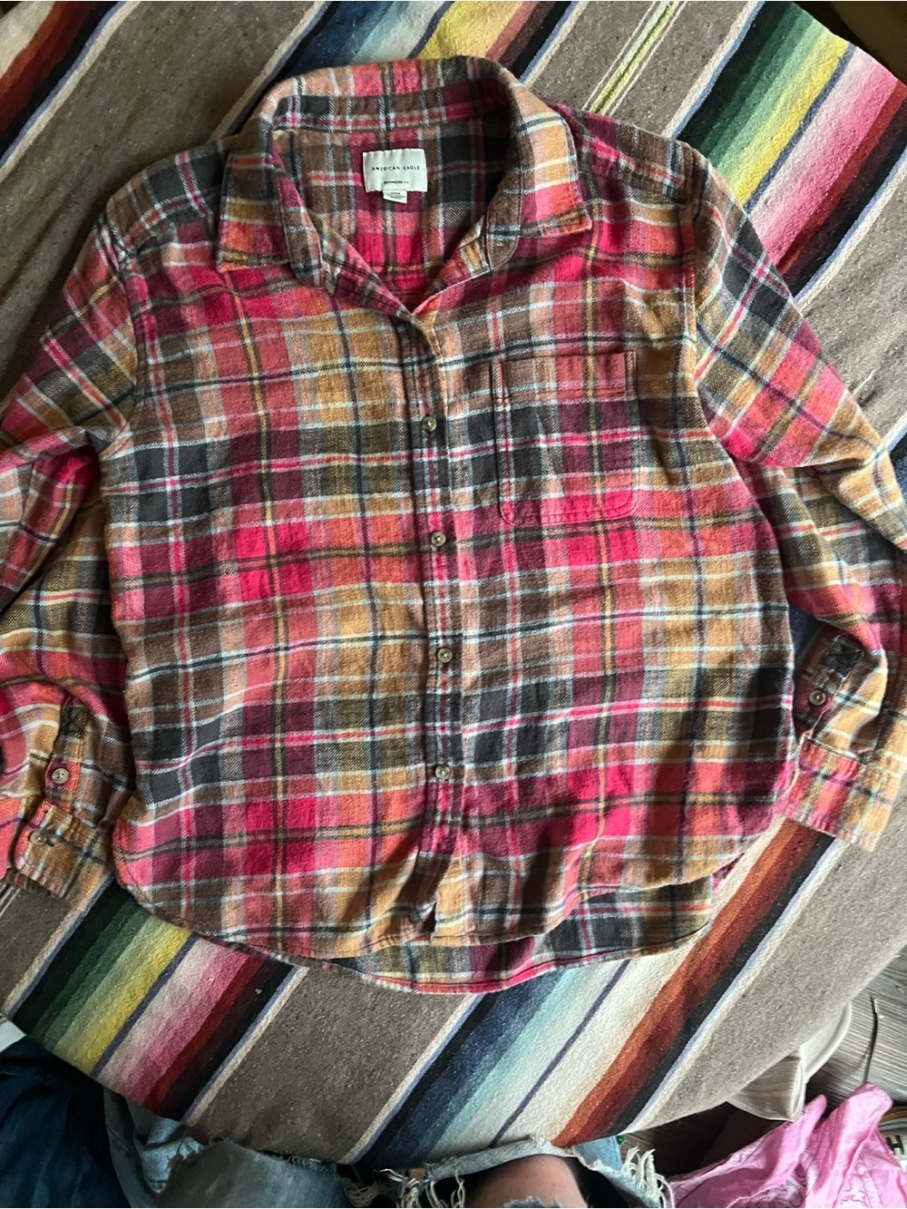 American Eagle Outfitters Plaid Button-Down Shirt Jacket - Pink, Brown, Yellow - Picture 5 of 6